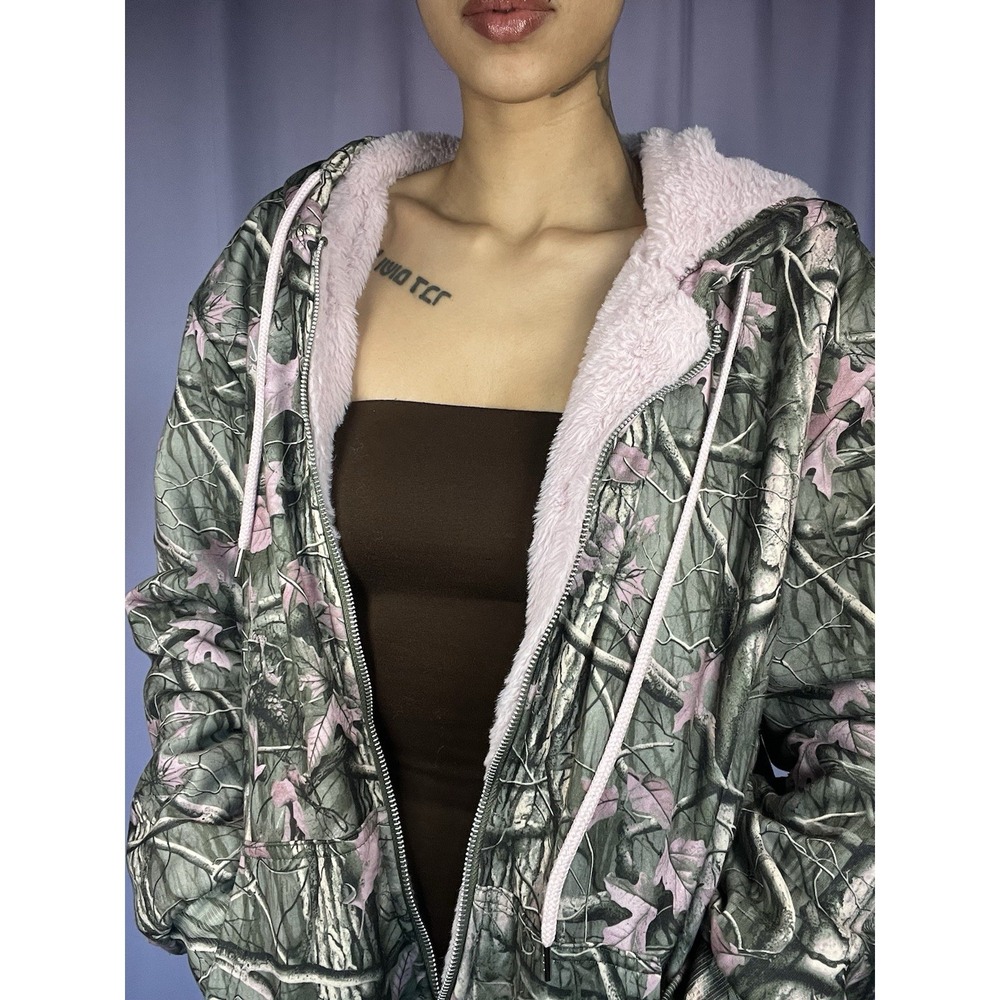 No Comment Camouflage Hoodie Size L Pink Faux Fur Y2K Streetwear Outdoors Cozy